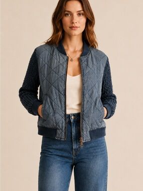 Cloth & Stone- Quilted Navy Bomber Jacket with knit sleeves- Size Medium